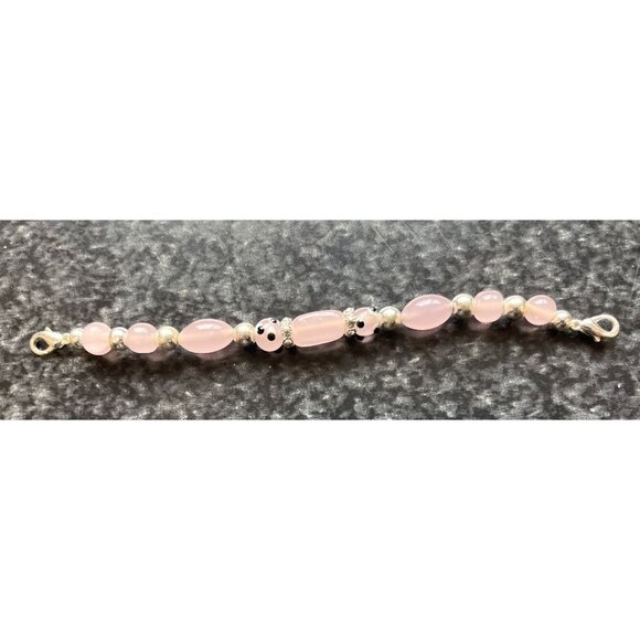 Vtg 1970's Children's Hand Painted Pink Round & Pink Oval Beads Bracelet